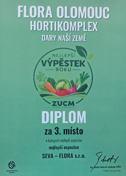 Diplom SEVA – FLORA s.r.o. za 3. místo v soutěži Nejlepší výpěstek roku 2026, Flora Olomouc